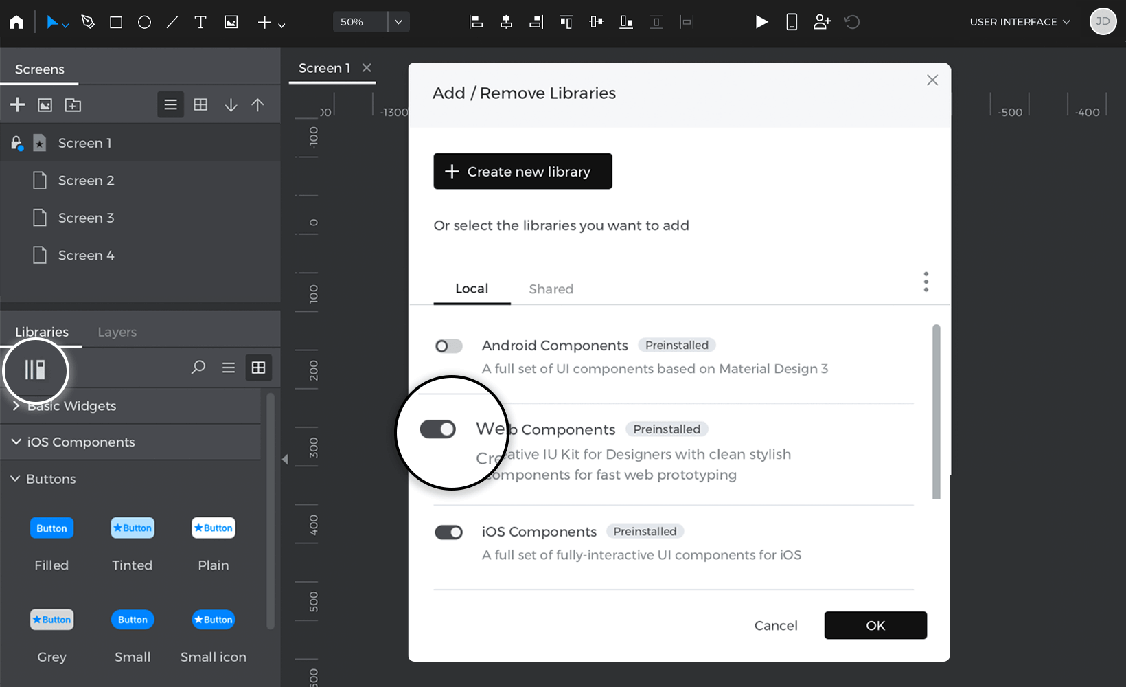 Click more libraries and then tick the check box of a library you would like to add to the libraries palette