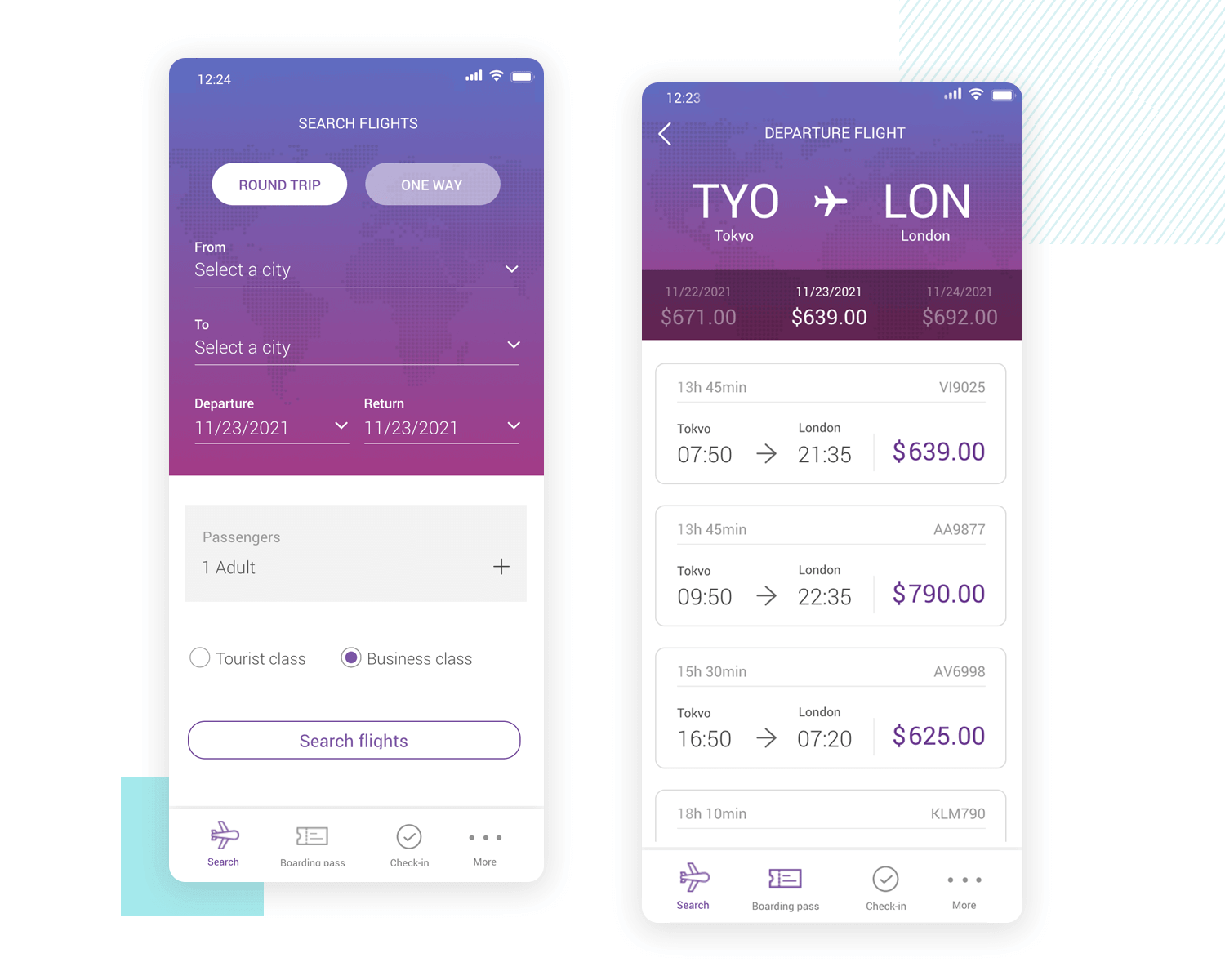 Flight booking app - mobile app mockup template