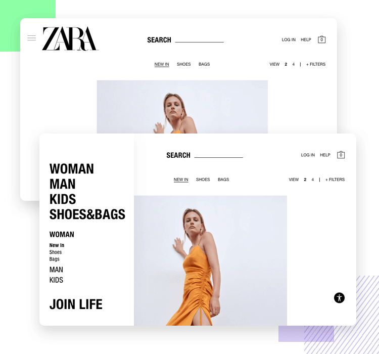 Hamburger menu design - save screen real estate, example from Zara