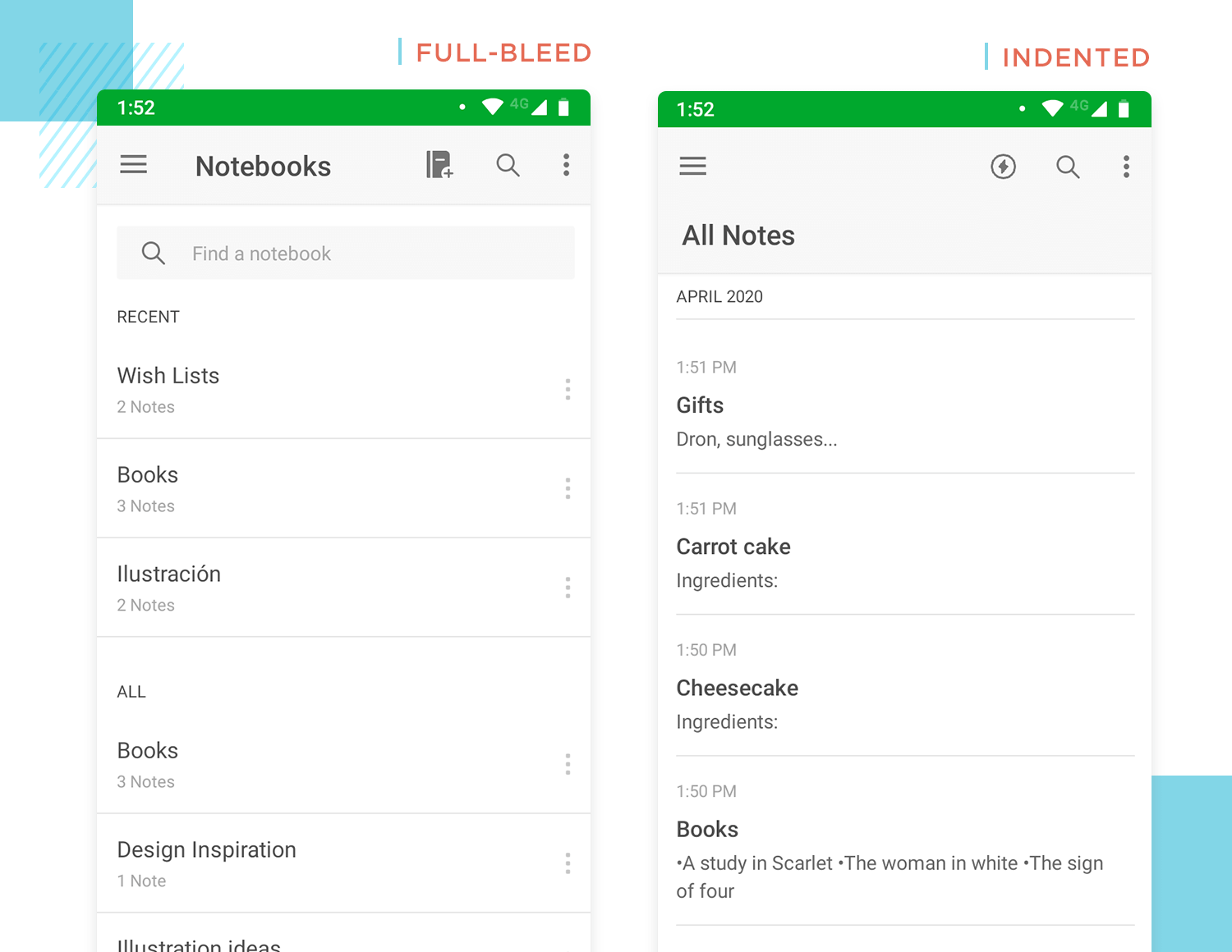 List UI design: full bleed vs indented dividers