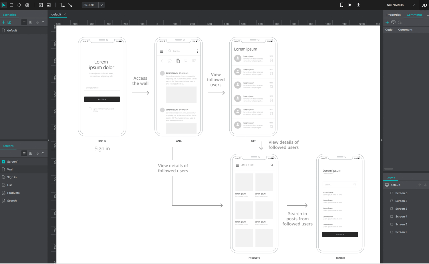 Showing justinmind as user flow tool with the scenarios module